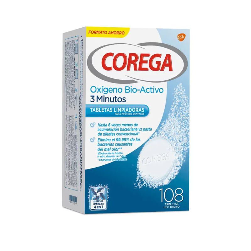 Corega Oxígeno Bio-Activo 108 tabletas limpiadoras | Higiene | Farm...